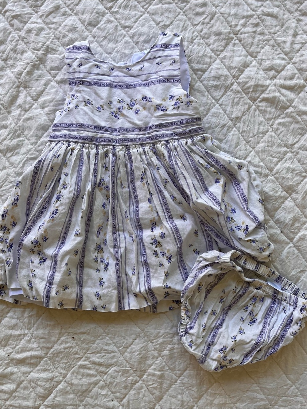 White & Lavender Floral Stripe Baby Dress with Bloomers